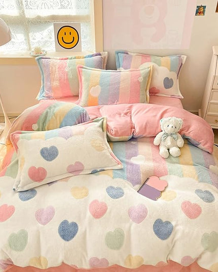 MorroMorn Pink Duvet Cover Queen, Rainbow Bedding Sets, Fluffy Comforter Covers Set, Down Alternative Blanket Ultra Soft Kawaii Cute for Girls Kids Teen Women Full Double Size - LeafyLoom