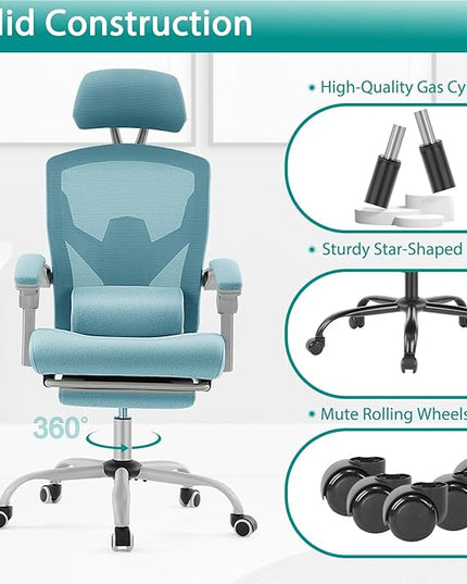 MCQ Office Computer Desk Chair, Gaming Chairs for Adults, High-Back Mesh Rolling Swivel Reclining Chairs with Wheels, Comfortable Lumbar Support, Comfy Arms for Home, Office, Gaming, Student, Blue - LeafyLoom