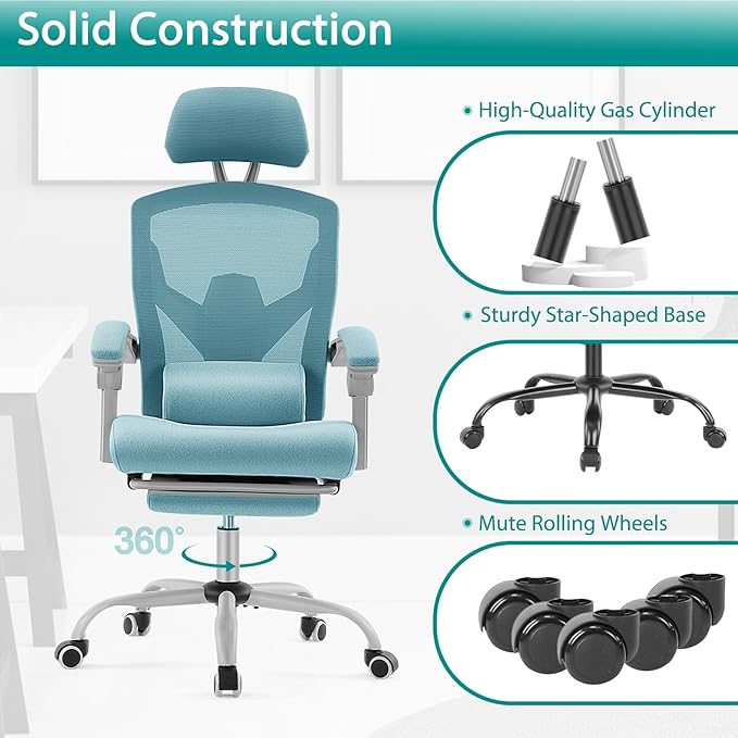 MCQ Office Computer Desk Chair, Gaming Chairs for Adults, High-Back Mesh Rolling Swivel Reclining Chairs with Wheels, Comfortable Lumbar Support, Comfy Arms for Home, Office, Gaming, Student, Blue - LeafyLoom