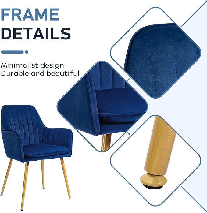 CangLong Furniture Modern Living Dining Room Accent Arm Chairs Club Guest with Gold Metal Legs, Set of 2, Navy Blue - LeafyLoom