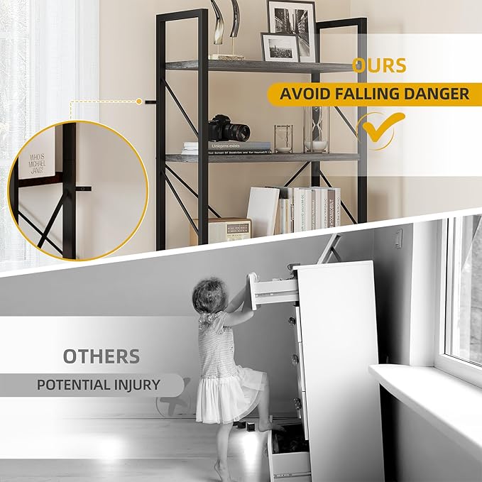 DWVO 5 Tier Bookshelf, Industrial Bookshelves Open Shelf Bookcase, Storage Shelves Organizer Display Rack for Bedroom,Living Room,Office,Kitchen, Charcoal Gray - LeafyLoom