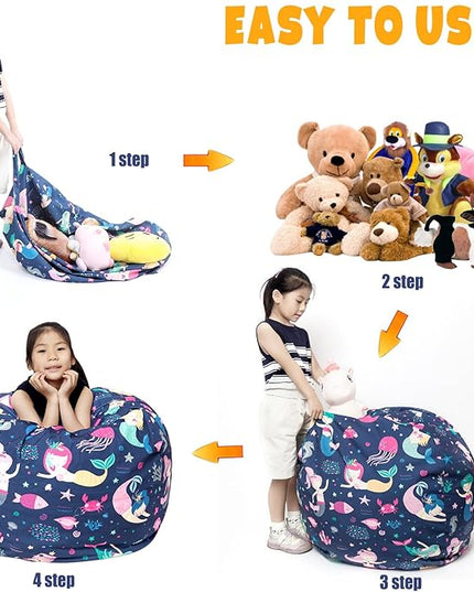 Stuffed Animal Storage Bean Bag Chair Cover, Hold Kids Plush Toys Blankets Towels Beanbag (Cover Only), Canvas Floor Circle Stuff Sit Seat Sofa with YKK Zipper, Extra Large 38", Mermaid - LeafyLoom