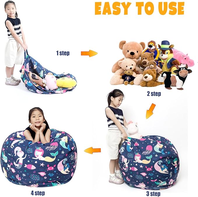 Stuffed Animal Storage Bean Bag Chair Cover, Hold Kids Plush Toys Blankets Towels Beanbag (Cover Only), Canvas Floor Circle Stuff Sit Seat Sofa with YKK Zipper, Extra Large 38", Mermaid - LeafyLoom