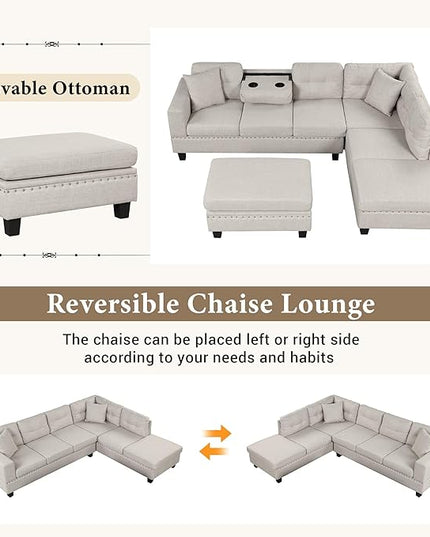 104.5" Modern L-Shape Sectional Sofa with Reversible Chaise &Storage Ottoman, Linen Upholstered Couch w/Rivet Ornament, 2 Pillows and Cup Holder, for Living Room, Apartment - LeafyLoom