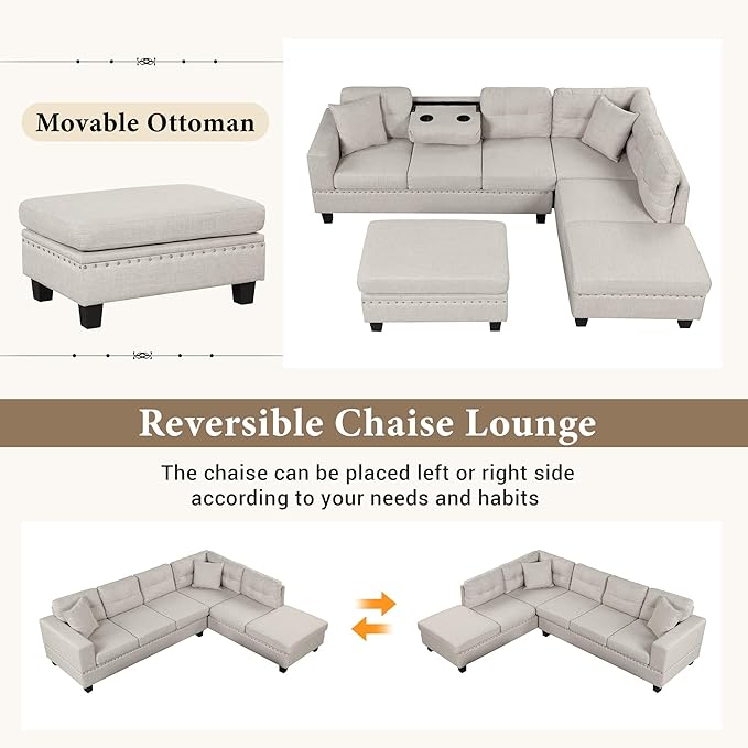104.5" Modern L-Shape Sectional Sofa with Reversible Chaise &Storage Ottoman, Linen Upholstered Couch w/Rivet Ornament, 2 Pillows and Cup Holder, for Living Room, Apartment - LeafyLoom