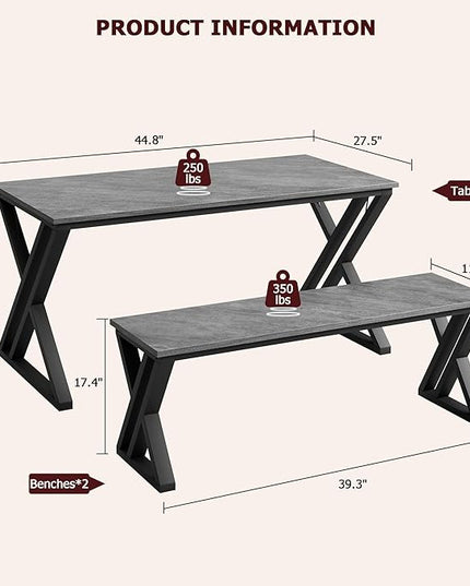 IDEALHOUSE Kitchen Table with Benches, Dining Table Benches Set for 4, Rectangular Kitchen Table Set with Sturdy Metal Frame, Saving Space for Kitchen, Dining Room, Apartment, Gray, 44.8" - LeafyLoom