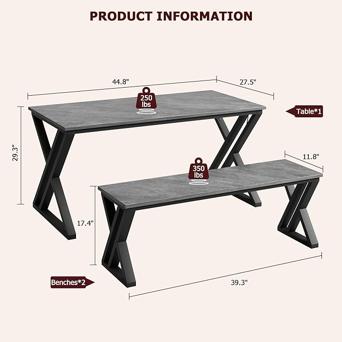 IDEALHOUSE Kitchen Table with Benches, Dining Table Benches Set for 4, Rectangular Kitchen Table Set with Sturdy Metal Frame, Saving Space for Kitchen, Dining Room, Apartment, Gray, 44.8" - LeafyLoom