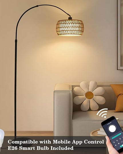 Arc Floor Lamps for Living Room with 3 Color Temperatures, Black Standing Lamp with Remote & Dimmable LED Bulb, Rattan Boho Floor Lamp, Farmhouse Tall Lamp for Bedroom, Over Couch Arched Reading Light - LeafyLoom