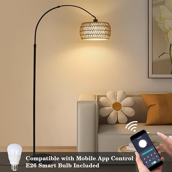 Arc Floor Lamps for Living Room with 3 Color Temperatures, Black Standing Lamp with Remote & Dimmable LED Bulb, Rattan Boho Floor Lamp, Farmhouse Tall Lamp for Bedroom, Over Couch Arched Reading Light - LeafyLoom