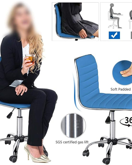 Yaheetech PU Leather Office Chairs, Ribbed Armless Swivel Chairs, Ergonomic Low Back Task Chairs with Wheels Blue - LeafyLoom