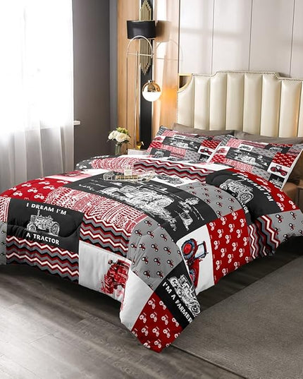 Erosebridal Red Tractor Bedding Set for Boys Queen,Construction Tractor Comforter Set Kids Teens Equipment Trucks Down Comforter Black White Construction Vehicle Quilt Set Bedroom Decor - LeafyLoom