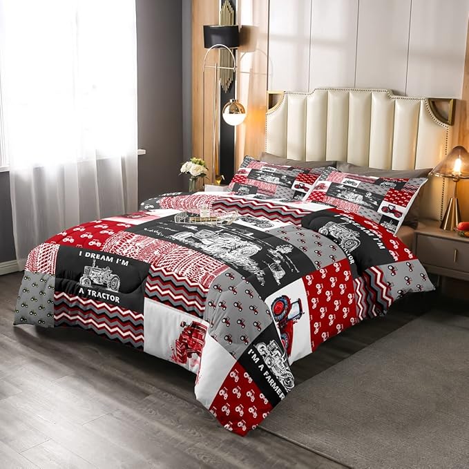 Erosebridal Red Tractor Bedding Set for Boys Queen,Construction Tractor Comforter Set Kids Teens Equipment Trucks Down Comforter Black White Construction Vehicle Quilt Set Bedroom Decor - LeafyLoom