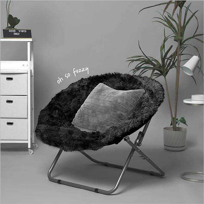 Oversized Mongolian Faux Fur Saucer Chair, Black - LeafyLoom
