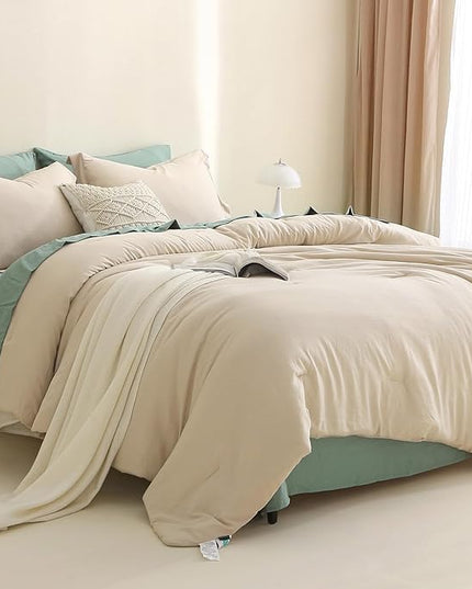 MILDLY Full Size Comforter Set 7 Piece Color Clash, Khaki Bed in a Bag, All Season Bedding Sets with 1 Comforter, 2 Pillow Shams, 2 Pillowcases, 1 Flat Sheet, 1 Fitted Sheet - LeafyLoom