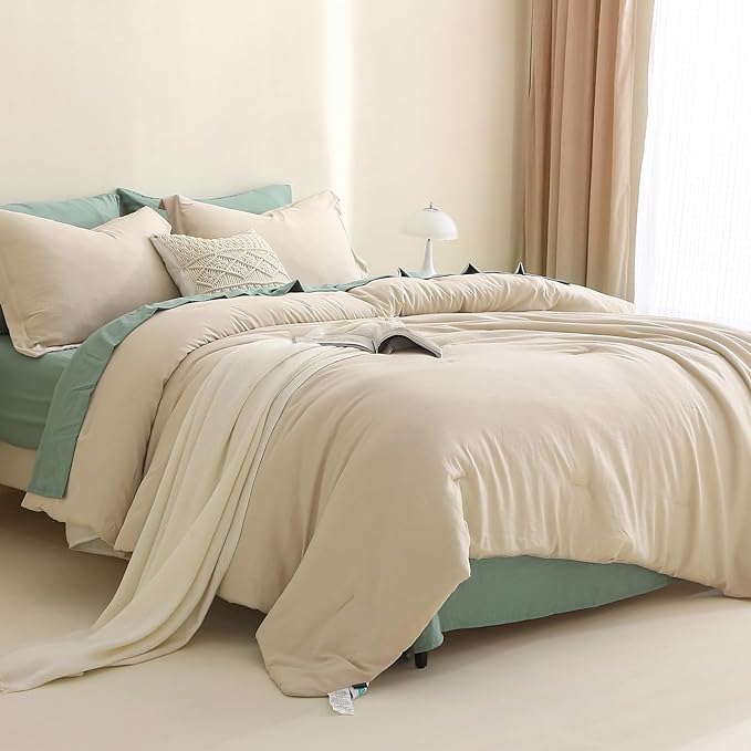 MILDLY Full Size Comforter Set 7 Piece Color Clash, Khaki Bed in a Bag, All Season Bedding Sets with 1 Comforter, 2 Pillow Shams, 2 Pillowcases, 1 Flat Sheet, 1 Fitted Sheet - LeafyLoom