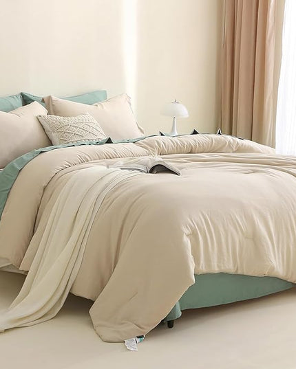 MILDLY Queen Comforter Set 7 Piece Color Clash, Khaki Bed in a Bag, All Season Bedding Sets with 1 Comforter, 2 Pillow Shams, 2 Pillowcases, 1 Flat Sheet, 1 Fitted Sheet - LeafyLoom