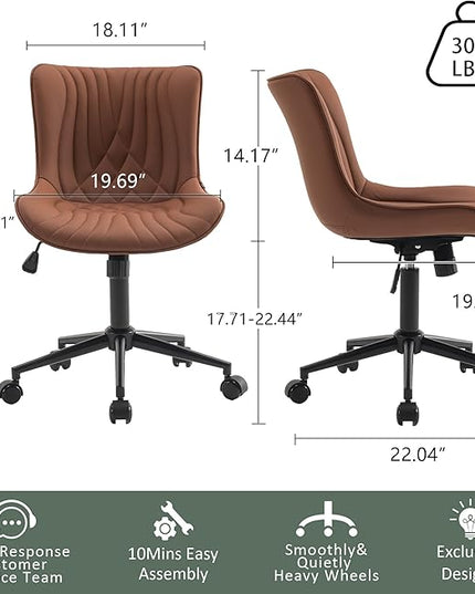 YOUTASTE Coffee Brown Office Chair Modern Armless Desk Chair with Wheels Adjustable Swivel Rocking Rolling Computer Study Chairs Faux Leather Sewing Chairs with Back Stylish Vanity Chair - LeafyLoom
