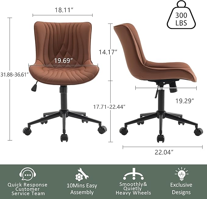 YOUTASTE Coffee Brown Office Chair Modern Armless Desk Chair with Wheels Adjustable Swivel Rocking Rolling Computer Study Chairs Faux Leather Sewing Chairs with Back Stylish Vanity Chair - LeafyLoom