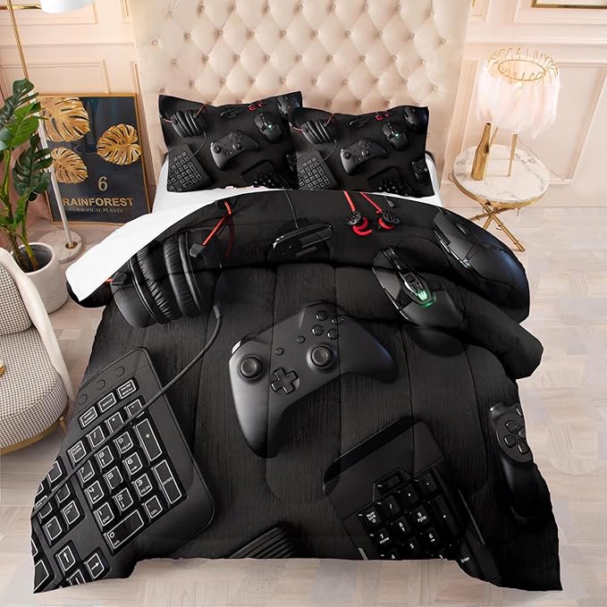 Gamer Queen Size Comforter Set for Boys Girls Kids 3D Gaming Lightweight Microfiber Quilts Video Game Bedding Sets Room Decor (Color 1,Queen) - LeafyLoom