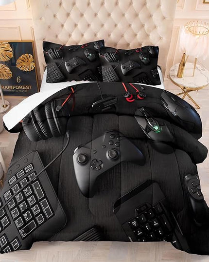 boys Gamer Comforter Set King Size,Gaming Comforter Set for Boys Kids Teens,Gamer Bedding Sets,3D Gaming Microfiber Quilts Gaming Room Decor All Season,Black - LeafyLoom
