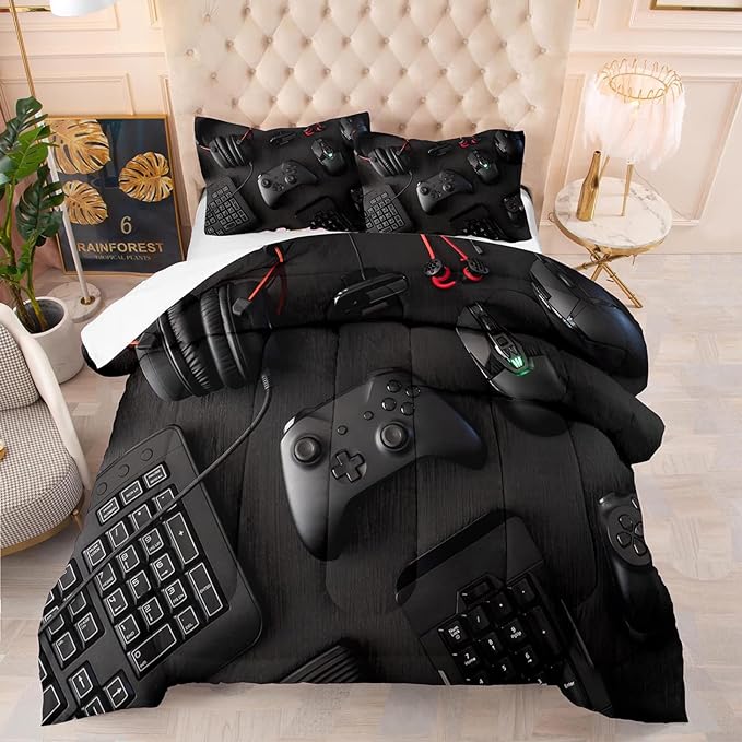boys Gamer Comforter Set King Size,Gaming Comforter Set for Boys Kids Teens,Gamer Bedding Sets,3D Gaming Microfiber Quilts Gaming Room Decor All Season,Black - LeafyLoom