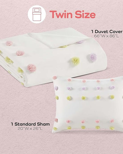 Mi Zone Kids Twin Duvet Cover Set, Fun and Adorable Multi-Color Clipped Jacquard Pompom Bedding, All Seasons Soft Microfiber Cozy & Breathable Duvet Cover, Sham, Cora, Twin Pink Multi 2 Piece - LeafyLoom