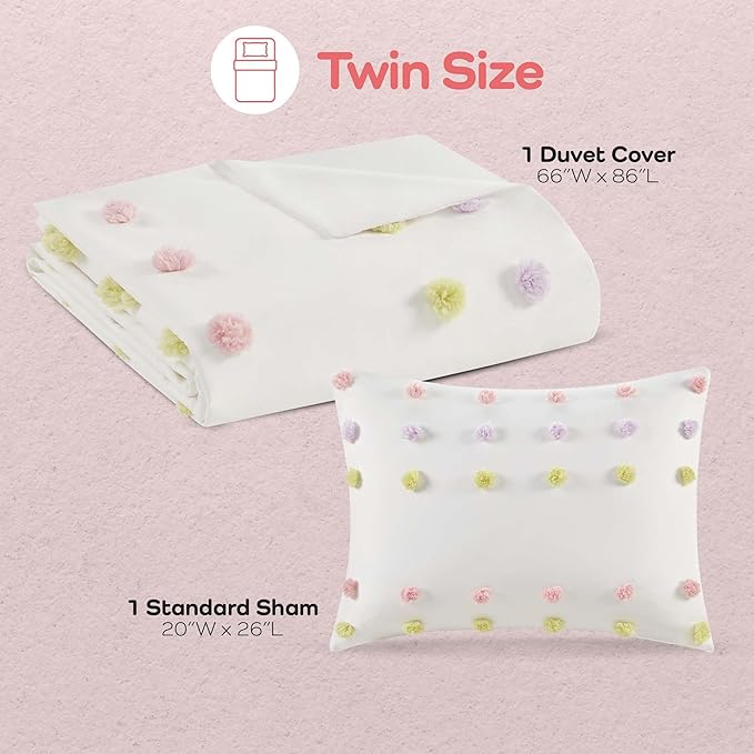 Mi Zone Kids Twin Duvet Cover Set, Fun and Adorable Multi-Color Clipped Jacquard Pompom Bedding, All Seasons Soft Microfiber Cozy & Breathable Duvet Cover, Sham, Cora, Twin Pink Multi 2 Piece - LeafyLoom