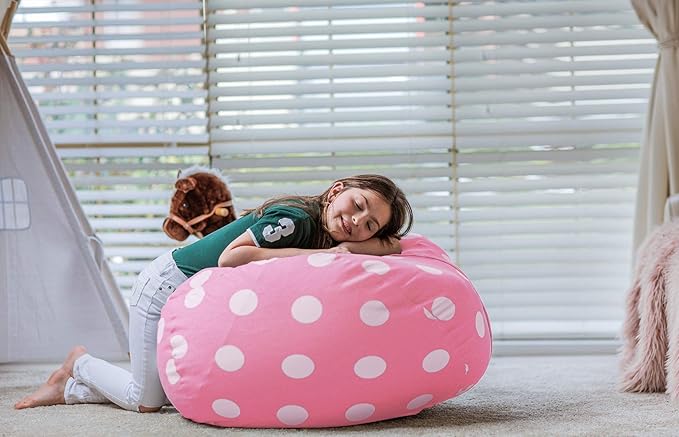 Wekapo Stuffed Animal Storage Bean Bag Chair Cover for Kids | Stuffable Zipper Beanbag for Organizing Children Plush Toys Large Premium Cotton Canvas (Pink Dot, X-Large) - LeafyLoom