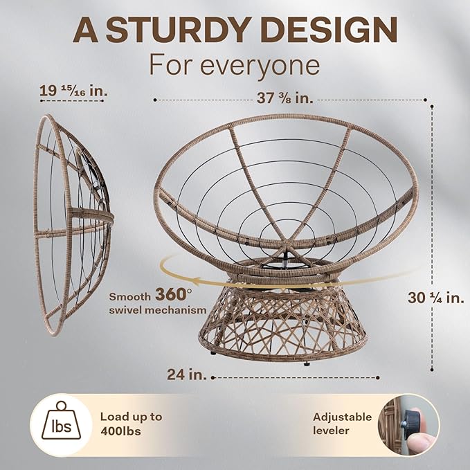 Bme 40" Ergonomic Wicker Papasan Chair with Soft Thick Density Fabric Cushion, High Capacity Steel Frame, 360 Degree Swivel for Living, Bedroom, Reading Room, Lounge, Silver Cloud - Brown Base - LeafyLoom