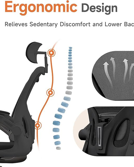 Black Office Chair, Ergonomic Office Chair, Home Office Desk Chair for Big and Tall People, Computer Chair with Adjustable Headrest, Lumbar Support, Flip-Up Arms, PU Wheels - LeafyLoom