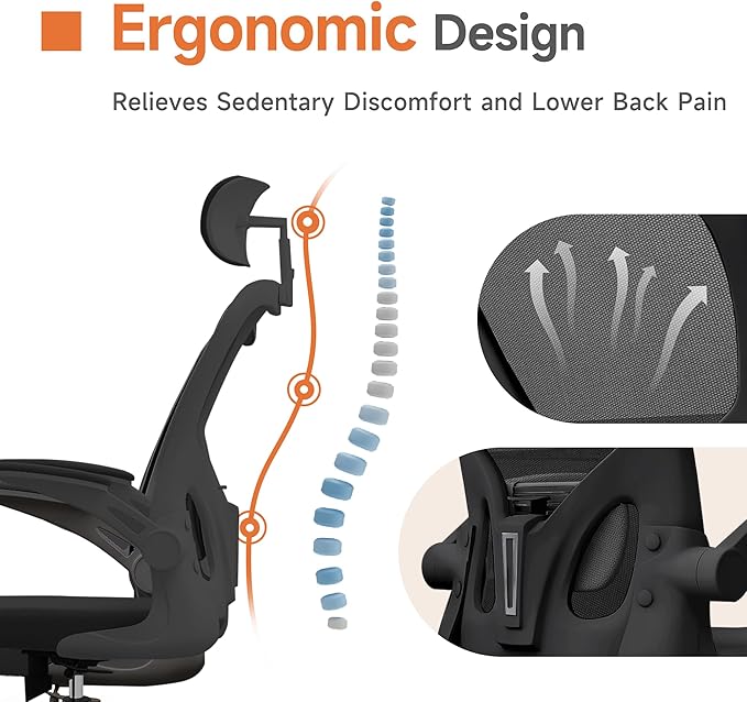 Black Office Chair, Ergonomic Office Chair, Home Office Desk Chair for Big and Tall People, Computer Chair with Adjustable Headrest, Lumbar Support, Flip-Up Arms, PU Wheels - LeafyLoom