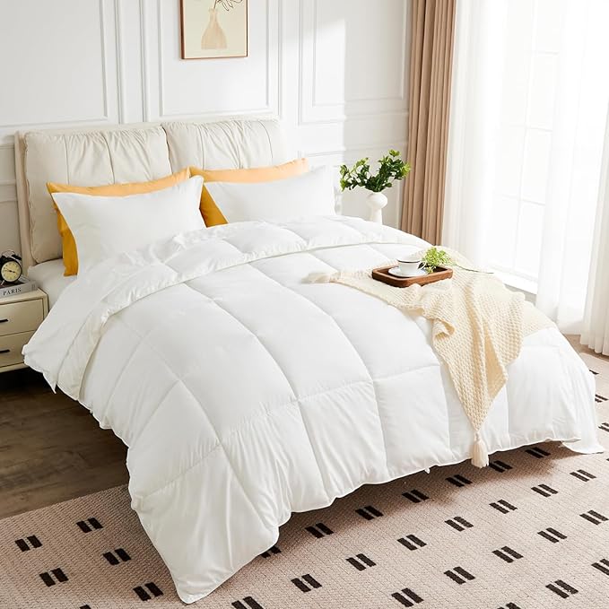 Queen Size Comforter Set - 3 Pieces, 1 Reversible Comforter and 2 Pillowcases,Soft Quilted Warm Fluffy Cooling Bedding for All Season,White - LeafyLoom