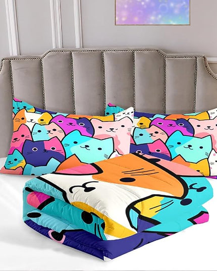 Cat Comforter Full Size - Full Size Comforter Girl Cat Cute Cat Bedding for Girls Kids Full Size Bedding Set Cats Colorful Cartoon Cat Comforter Set, 1 Comforter+2 Pillowcases - LeafyLoom