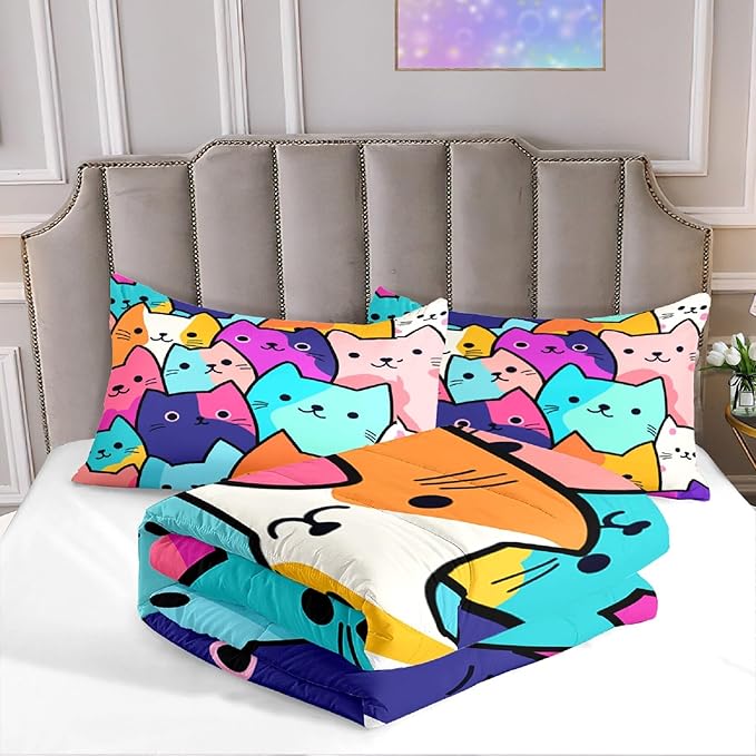 Cat Comforter Full Size - Full Size Comforter Girl Cat Cute Cat Bedding for Girls Kids Full Size Bedding Set Cats Colorful Cartoon Cat Comforter Set, 1 Comforter+2 Pillowcases - LeafyLoom