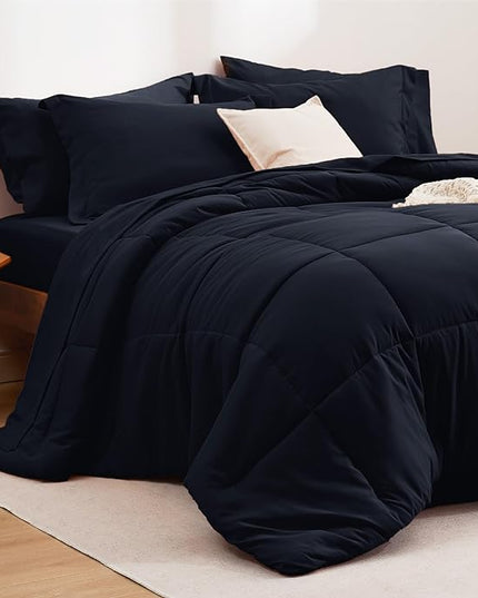 Bedsure Black Twin Comforter Set - 5 Pieces Solid Twin Bed in a Bag, Twin Bed Set Black with Quilted Warm Fluffy Comforters, Sheets, Pillowcase & Sham - LeafyLoom