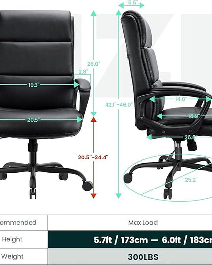 Leather Office Chair, Bonded Leather Executive Computer Chair, High Back Desk Chair with Padded Armrest, Thickened Cushion, Swivel Chair for Home, Meeting, Conference - Black - LeafyLoom