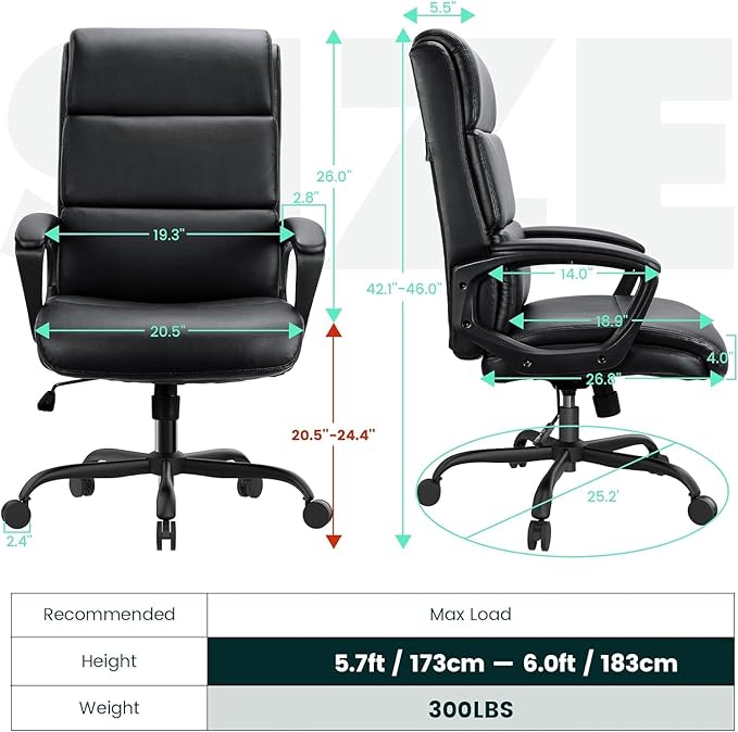 Leather Office Chair, Bonded Leather Executive Computer Chair, High Back Desk Chair with Padded Armrest, Thickened Cushion, Swivel Chair for Home, Meeting, Conference - Black - LeafyLoom
