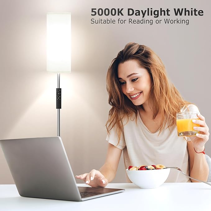 Ambimall 64'' Floor Lamps for Living Room with Remote Control and Stepless Dimmable Colors Temperature & Brightness, 9W Bulb Included(White Lampshade & Silver Pole) - LeafyLoom
