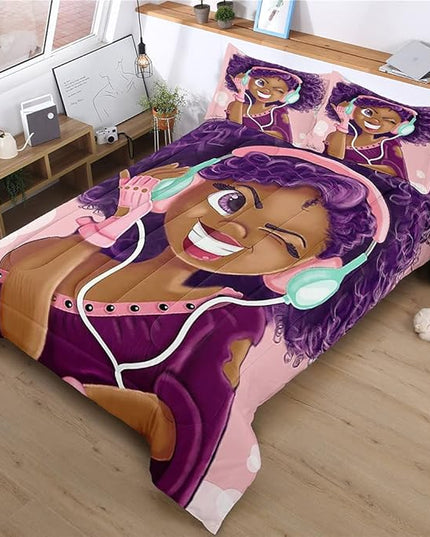 Twin Bedding Sets for Girls, Cute African American Black Girl Magic Comforter Set, Pink Bed Set for Toddler Kids Teenager, Gift for Little Girls Bedroom Decor, 1 Comforter with 2 Pillowcases - LeafyLoom