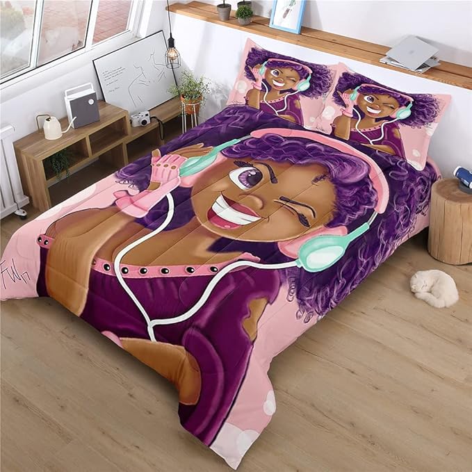 Twin Bedding Sets for Girls, Cute African American Black Girl Magic Comforter Set, Pink Bed Set for Toddler Kids Teenager, Gift for Little Girls Bedroom Decor, 1 Comforter with 2 Pillowcases - LeafyLoom