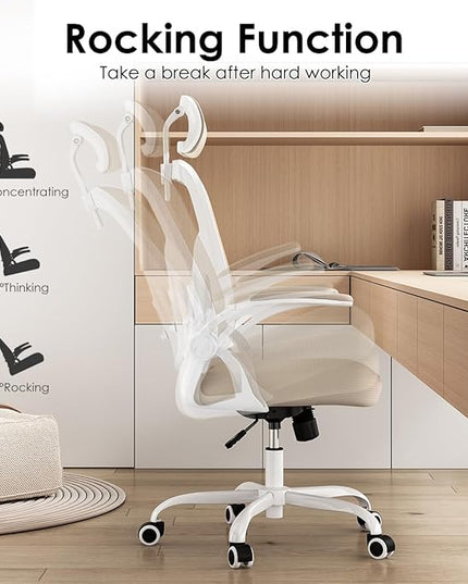 Farini Ergonomic Office Chair, Home Office Desk Chair with Headrest, High Back Computer Chair with Flip-up Armrests and Adjustable Lumbar Support for Home Office Study Room Bedroom, Khaki. - LeafyLoom