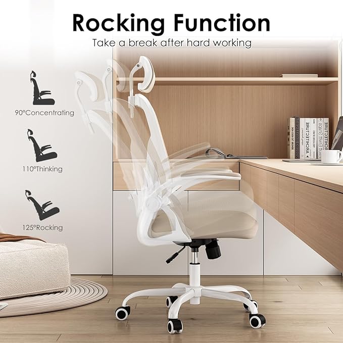Farini Ergonomic Office Chair, Home Office Desk Chair with Headrest, High Back Computer Chair with Flip-up Armrests and Adjustable Lumbar Support for Home Office Study Room Bedroom, Khaki. - LeafyLoom