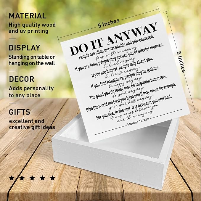 Home Office Desk Wooden Box Sign Decor, Do It Anyway, Inspirational Quotes Desk Decor Motivational Desk Decorations for Women Men Student Therapist Office Classroom School Counselor - LeafyLoom