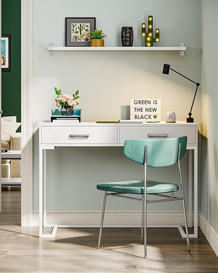 Computer Desk with 2 Drawers, Wooden Writing Desks for Home Office, White - LeafyLoom