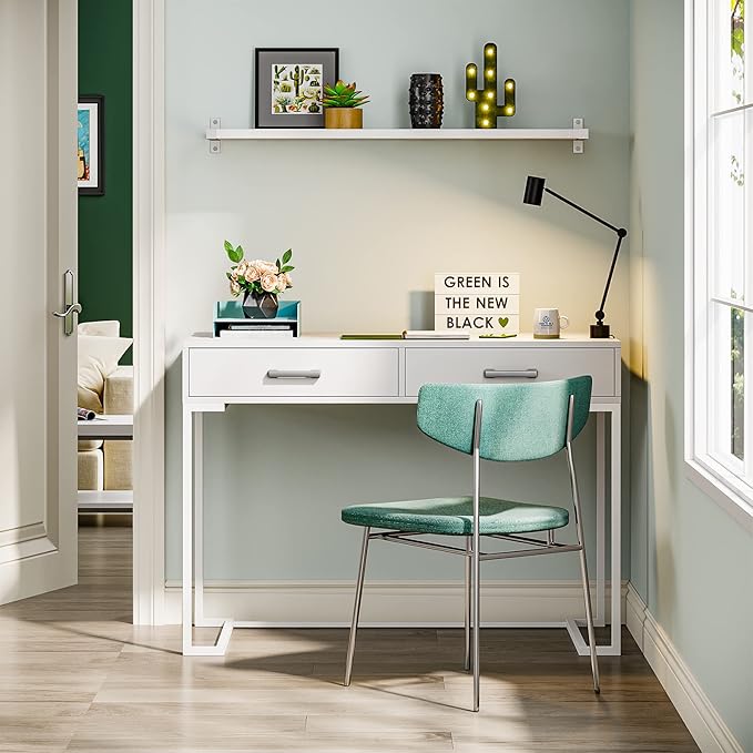 Computer Desk with 2 Drawers, Wooden Writing Desks for Home Office, White - LeafyLoom