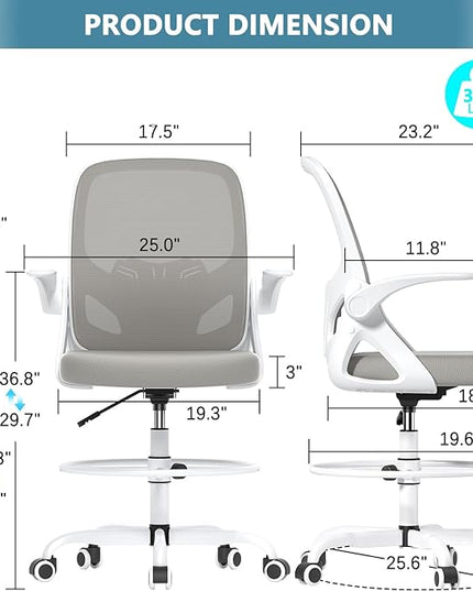 Drafting Chair Tall Office Chair for Standing Desk Adjustable Tall Desk Chair with Footrest Ring and Lumbar Support Ergonomic Computer Chair with Flip-up Armrests (Grey) - LeafyLoom