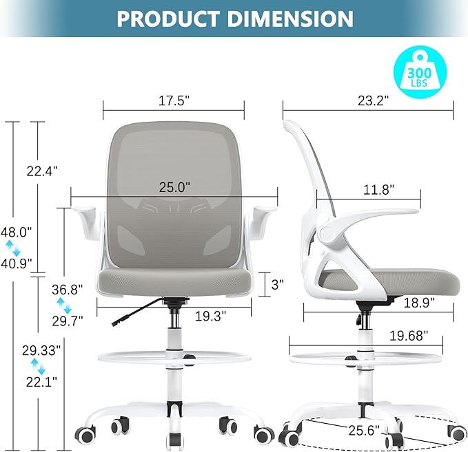 Drafting Chair Tall Office Chair for Standing Desk Adjustable Tall Desk Chair with Footrest Ring and Lumbar Support Ergonomic Computer Chair with Flip-up Armrests (Grey) - LeafyLoom