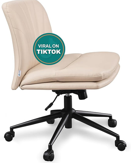 Criss Cross Chair with Wheels - Cross Legged Office Chair, Wide Armless Desk Chair Comfy Swivel Vanity Chair for Home Office, PU Leather - Beige - LeafyLoom