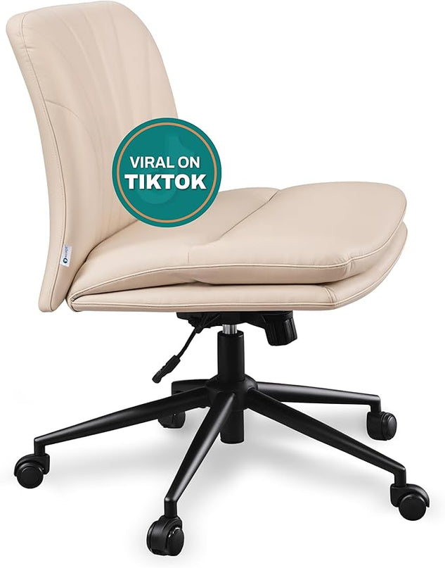 Criss Cross Chair with Wheels - Cross Legged Office Chair, Wide Armless Desk Chair Comfy Swivel Vanity Chair for Home Office, PU Leather - Beige - LeafyLoom