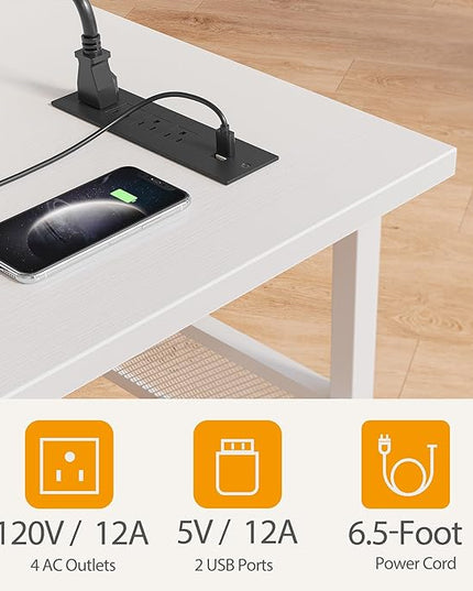 CubiCubi L Shaped Gaming Desk with Power Outlets and USB Charging Ports, 58" Reversible Corner Computer Desk with Storage Shelves and Drawer, Home Office Desk with Bookshlf, White - LeafyLoom